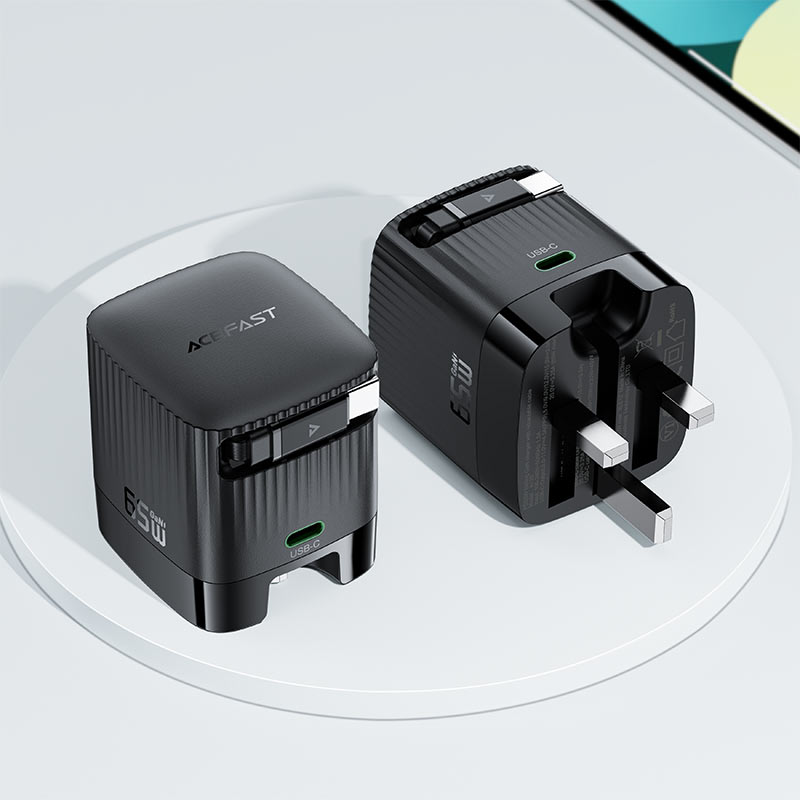 AceFast | 18502 | A129 | PD65W Folding Gan Charger (Usb C+Usb C) With Retractable Cable | UK | Black AceFast | 18502 | A129 | PD65W Folding Gan Charger (Usb C+Usb C) With Retractable Cable | UK | Black